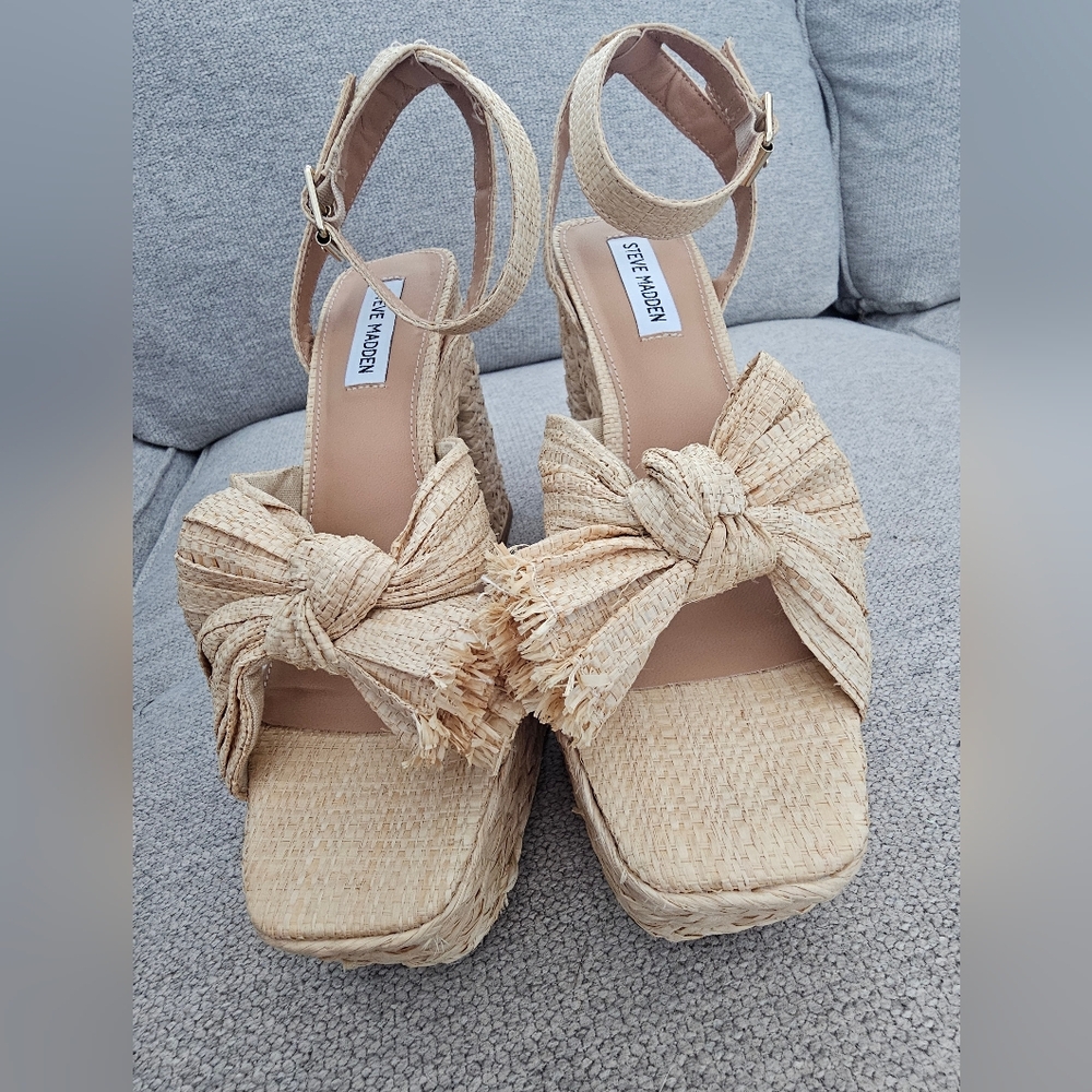 Steve Madden Raffia Tan Knot Espadrille Sandals Heels Shoes Women's Size 9 & 9.5 - Picture 2 of 4